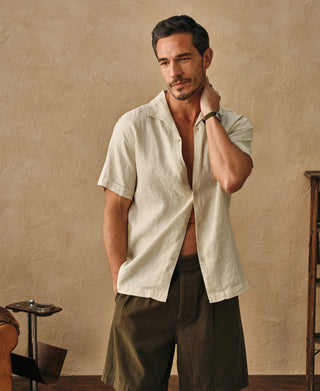lifestyle shot of 1950s Italian Collar Linen Short Sleeve Shirt - Beige
