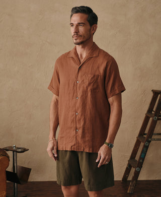 lifestyle shot of 1950s Italian Collar Linen Short Sleeve Shirt - Brown