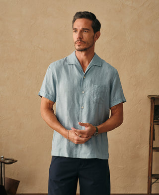 lifestyle shot of 1950s Italian Collar Linen Short Sleeve Shirt - Light Blue