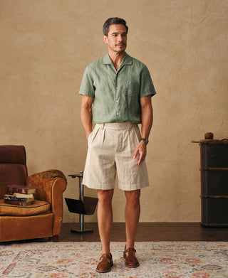 lifestyle shot of 1950s Italian Collar Linen Short Sleeve Shirt - Sage