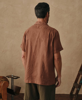 lifestyle shot of 1950s Italian Collar Linen Short Sleeve Shirt - Brown