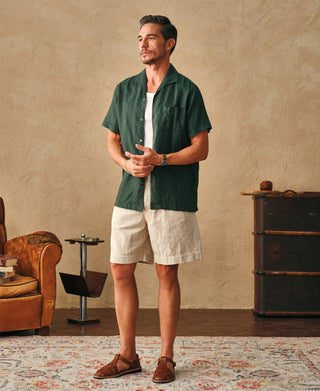 lifestyle shot of 1950s Italian Collar Linen Short Sleeve Shirt - Dark Green