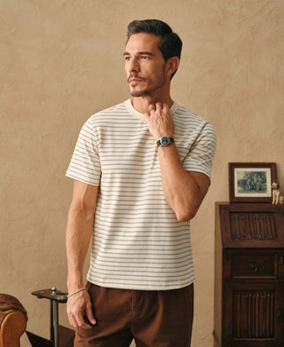 lifestyle shot of Heavyweight Cotton Striped Pocket T-Shirt - Apricot