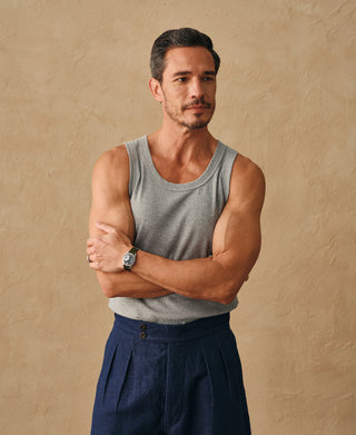 lifestyle shot of Cotton and Modal-Blend Tank Top in Gray