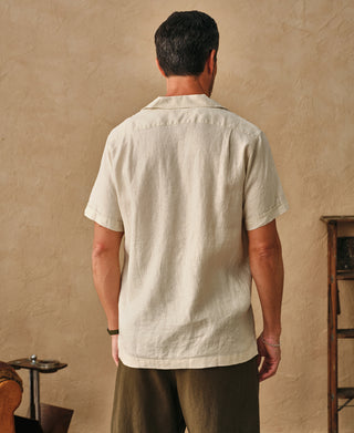 lifestyle shot of 1950s Italian Collar Linen Short Sleeve Shirt - Beige