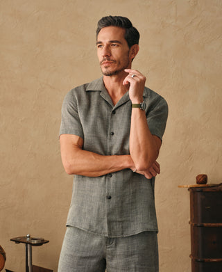 lifestyle shot of Relaxed Ramie Herringbone Cuban Shirt