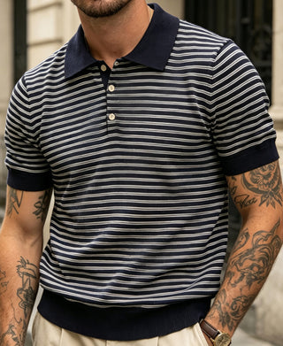 lifestyle shot of Nautical Fine Stripe Cotton Knit Polo - Dark Blue Stripe