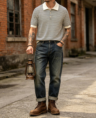 lifestyle shot of Nautical Fine Stripe Cotton Knit Polo - White Black Stripe