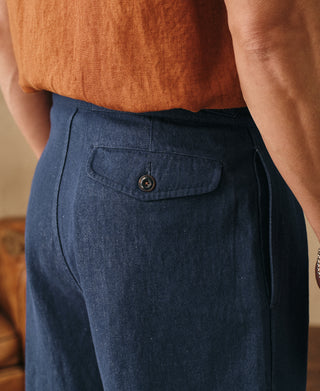 lifestyle shot of Indigo Relaxed Double-Pleated Hemp-Cotton Shorts 