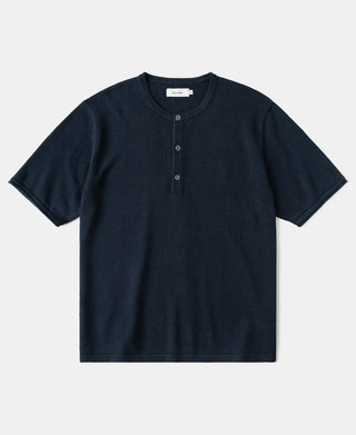 Linen Cotton Blend Knit Henley T-shirt in Indigo