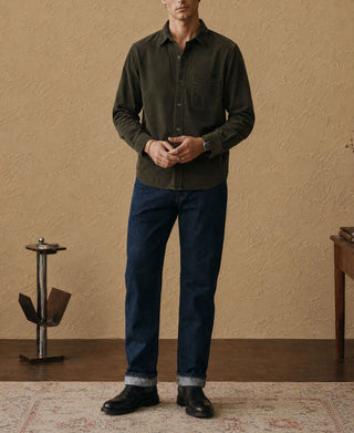 Men's rosin green cotton corduroy button-up shirt, full front view, long sleeves