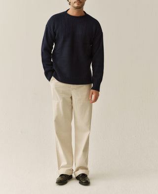 Mock Neck Pure Wool Guernsey Sweater - Navy