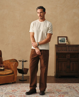 lifestyle shot of Heavyweight Cotton Striped Pocket T-Shirt - Apricot