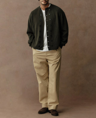 Olive knit double-breasted cardigan with long sleeves and button front