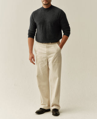 Heather gray merino wool mock neck sweater with long sleeves and ribbed cuffs