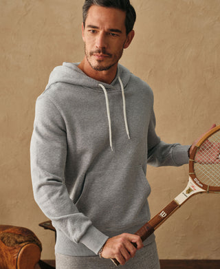 Light gray cotton fleece hoodie with adjustable drawstring hood and front pocket