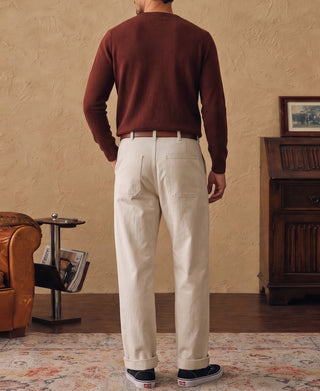 Maroon crewneck sweater back view with ribbed hem