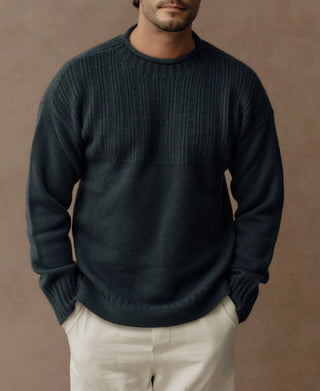 Mock Neck Pure Wool Guernsey Sweater - Dark Blue