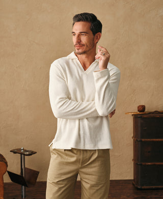 Terry Cloth Long Sleeve Johnny Collar T-Shirt