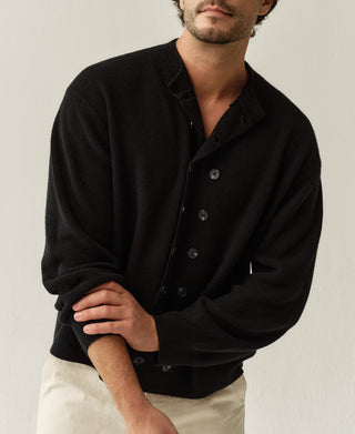 Black double-breasted cardigan with stand collar and ribbed cuffs