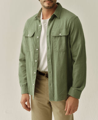 Sage green brushed cotton flannel work shirt, front view, button-up with two chest flap pockets