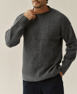 Mock Neck Pure Wool Guernsey Sweater - Gray