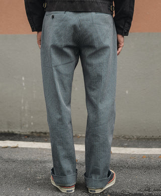 Blue-and-white striped work trousers on model, rear view with cuffs