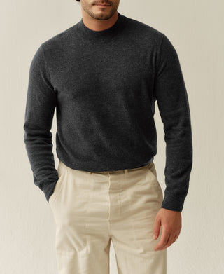 Heather gray merino wool mock neck sweater with long sleeves and ribbed hem