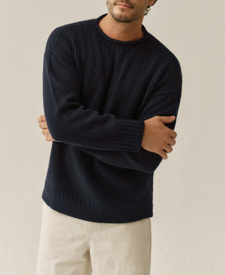 Mock Neck Pure Wool Guernsey Sweater - Navy
