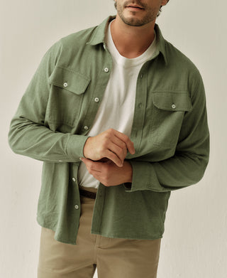 Sage green brushed cotton flannel work shirt, chest flap pockets, button-up front