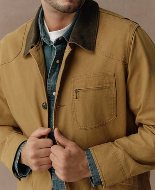 Khaki jacket close-up with dark collar and zippered chest pocket