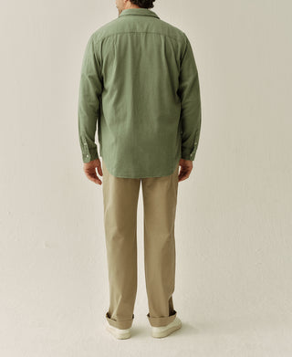 Sage green brushed cotton flannel work shirt, back view, button-up long sleeves