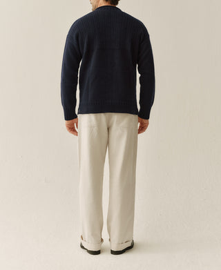 Mock Neck Pure Wool Guernsey Sweater - Navy