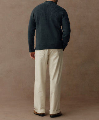 Mock Neck Pure Wool Guernsey Sweater - Dark Blue
