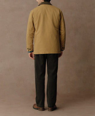 Back view of the khaki jacket with buttoned sleeve cuffs