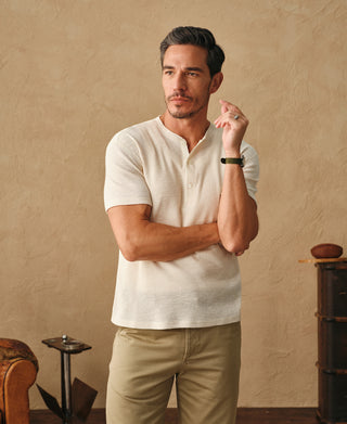 Honeycomb Waffle Knit Henley T-Shirt - Oatmeal