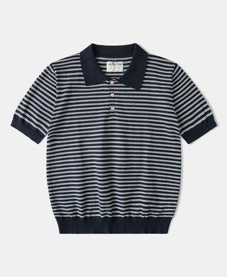 Nautical Fine Stripe Cotton Knit Polo in Dark Blue Stripe