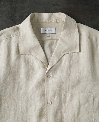 neckline detail of 1950s Italian Collar Linen Short Sleeve Shirt - Beige