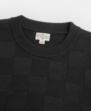 neckline detail of Lot 927 Retro Checker Knit Cotton Crewneck T-Shirt - Black
