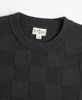 neckline detail of Lot 927 Retro Checker Knit Cotton Crewneck T-Shirt - Dark Gray