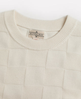 neckline detail of Lot 927 Retro Checker Knit Cotton Crewneck T-Shirt - Ivory