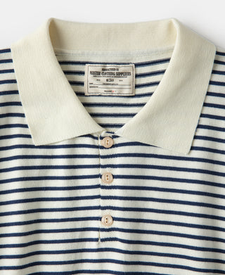 neckline detail of Nautical Fine Stripe Cotton Knit Polo - White Blue Stripe