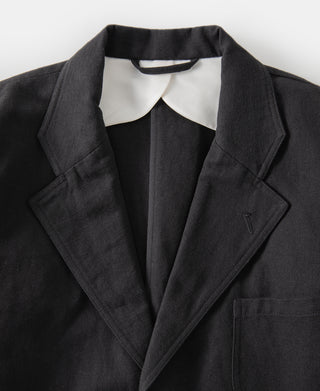 neckline detail of Textured Linen-Cotton Sack Jacket – Black