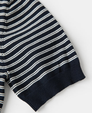 sleeve detail of Nautical Fine Stripe Cotton Knit Polo - Dark Blue Stripe