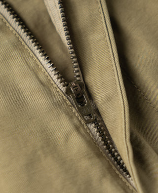 zipper detail of Vintage Washed Tapered 5-Pocket Pants in Khaki