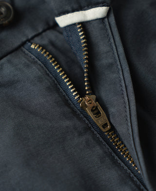 zipper detail of Vintage Washed Tapered 5-Pocket Pants in Navy