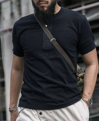 lifestyle shot of Black Short Sleeve Henley T-Shirt