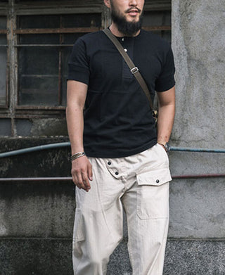 lifestyle shot of Black Short Sleeve Henley T-Shirt