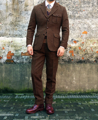 British Retro Brown Tweed Double Pleated Trousers